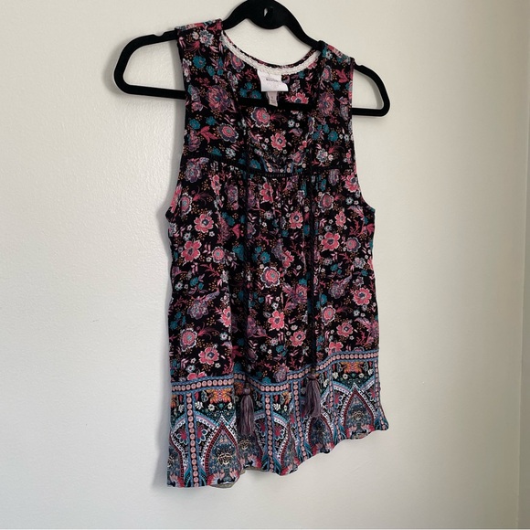 Knox Rose | Black and Pink Floral Pleated Tank | Size Small - Picture 2 of 11